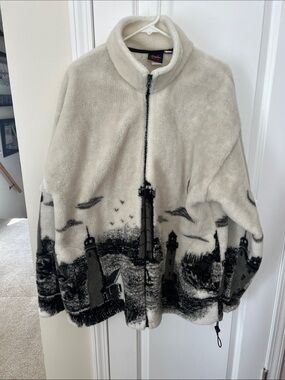90s Mazmania Cozy Fleece Zip-Up Jacket with Lighthouse Scene - Cream & Black